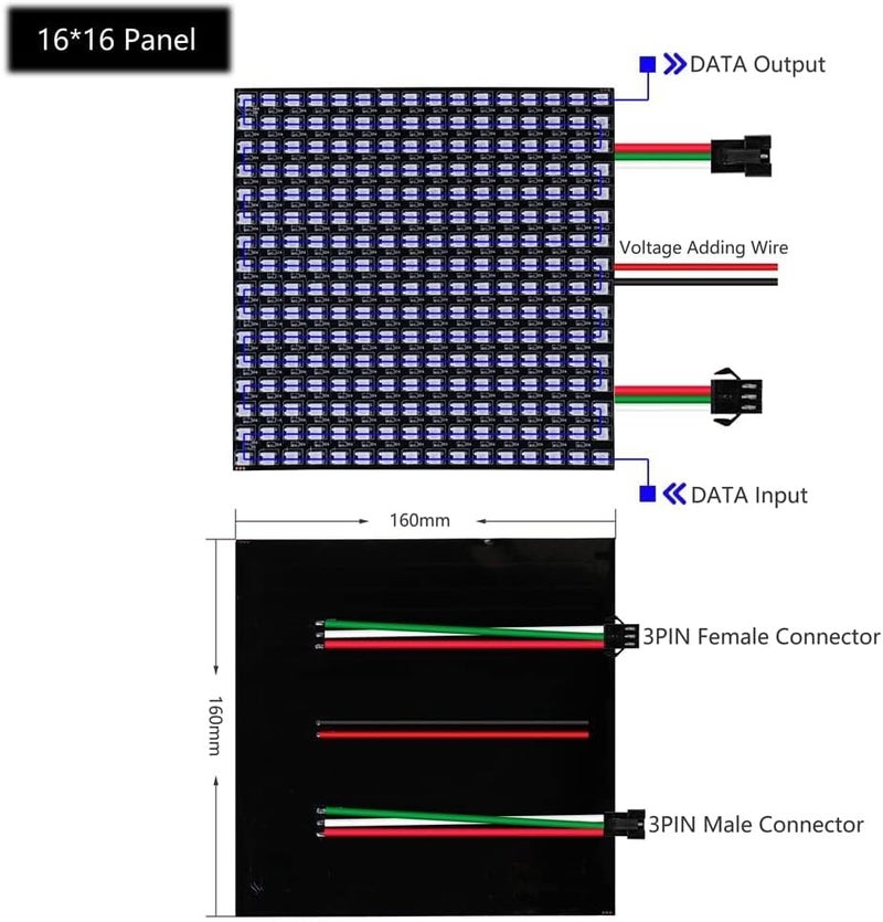 LOAMLIN WS2812B RGB LED Digital Flexible Individually Addressable Panel Light WS2812 8X8 16X16 8X32 LED Module Matrix Screen DC5V (16X16 256Pixels) - Image 5